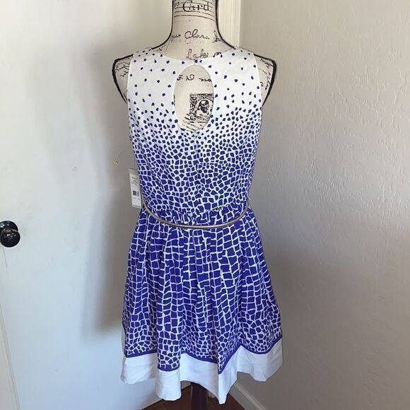 Eliza J Blue & White Multi Print Design Keyhole Dress Feminine Party Event - Picture 4 of 14